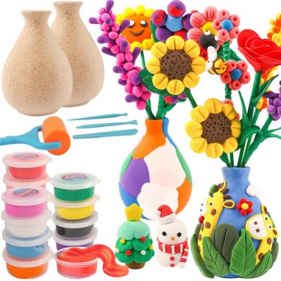 Alritz 18 Colors Air Dry Clay,2 Flower Vases for DIY Christmas Decoration, Modeling Clay Tools,20 Flower Stems,Bouquet Modeling Clay Kit,Arts and Crafts,Great for Kids and Beginners Ages 4 5 6 7 8 9+