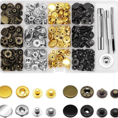 Alritz 15mm Leather Snap Button Kits with Hammer Punch Spacer, 90 Sets Metal Snaps Press Studs with 4 Setter Tools for Thin Clothes, Jackets, Jeans Wears, Bracelets, Bags