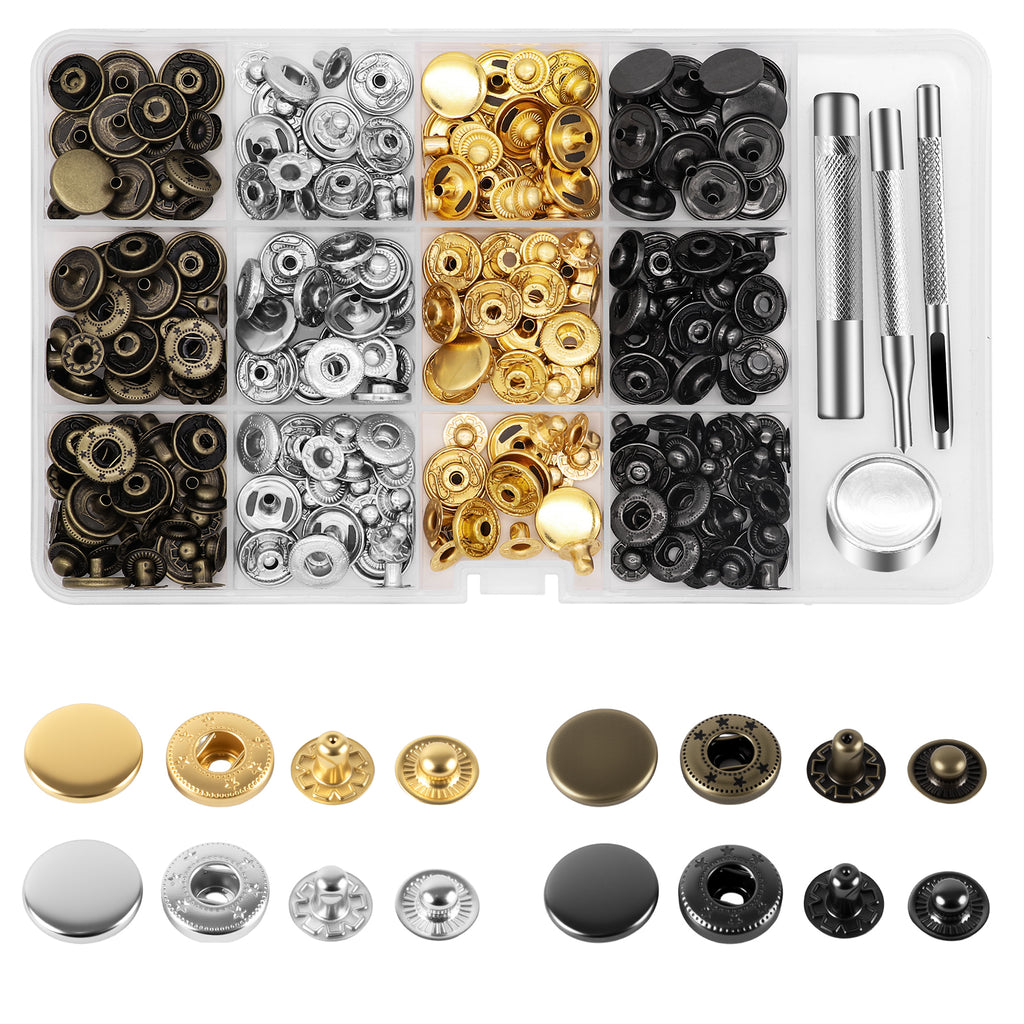 Alritz 15mm Leather Snap Fasteners Kit, 72 Set Metal Button Snaps Press Studs with 4 Setter Tools, 6 Colors Leather Snaps for Clothes, Jackets, Jeans Wears, Bracelets, Bags