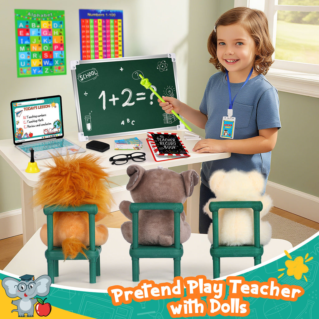 Alritz Pretend Play Teacher Set, School Stuff, Role Play Preschool Learning Activities Classroom Set for Girl Boys Include Dolls, Toy Laptop, Black Board, Birthday Gift Ages 5 6 7 8 9 10+ Years Old