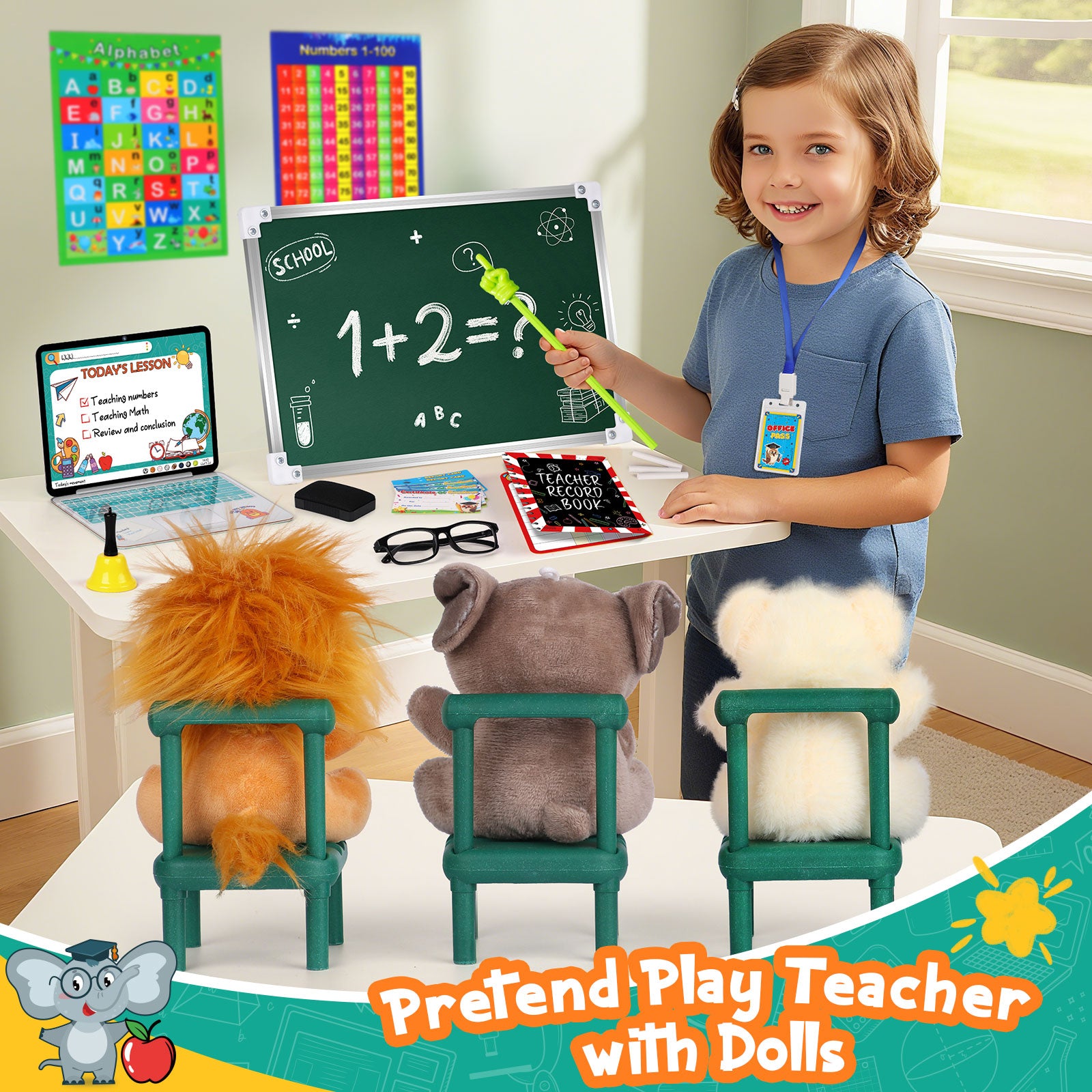 Alritz Pretend Play Teacher Set, School Stuff, Role Play Preschool Learning Activities Classroom Set for Girl Boys Include Dolls, Toy Laptop, Black Board, Birthday Gift Ages 5 6 7 8 9 10+ Years Old