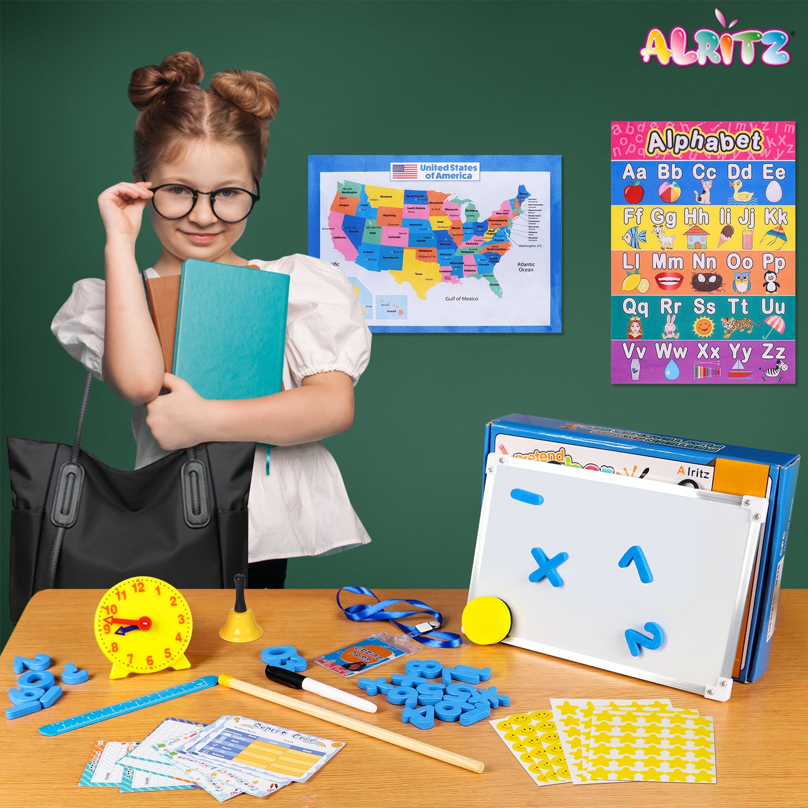 Alritz Pretend Play Teacher Set Classroom Learning Education Includes Reusable White Board Bell Clock and More, Be Teacher Student, for Boys Girls 5 6 7 8 9 10 11 12 +Years Old