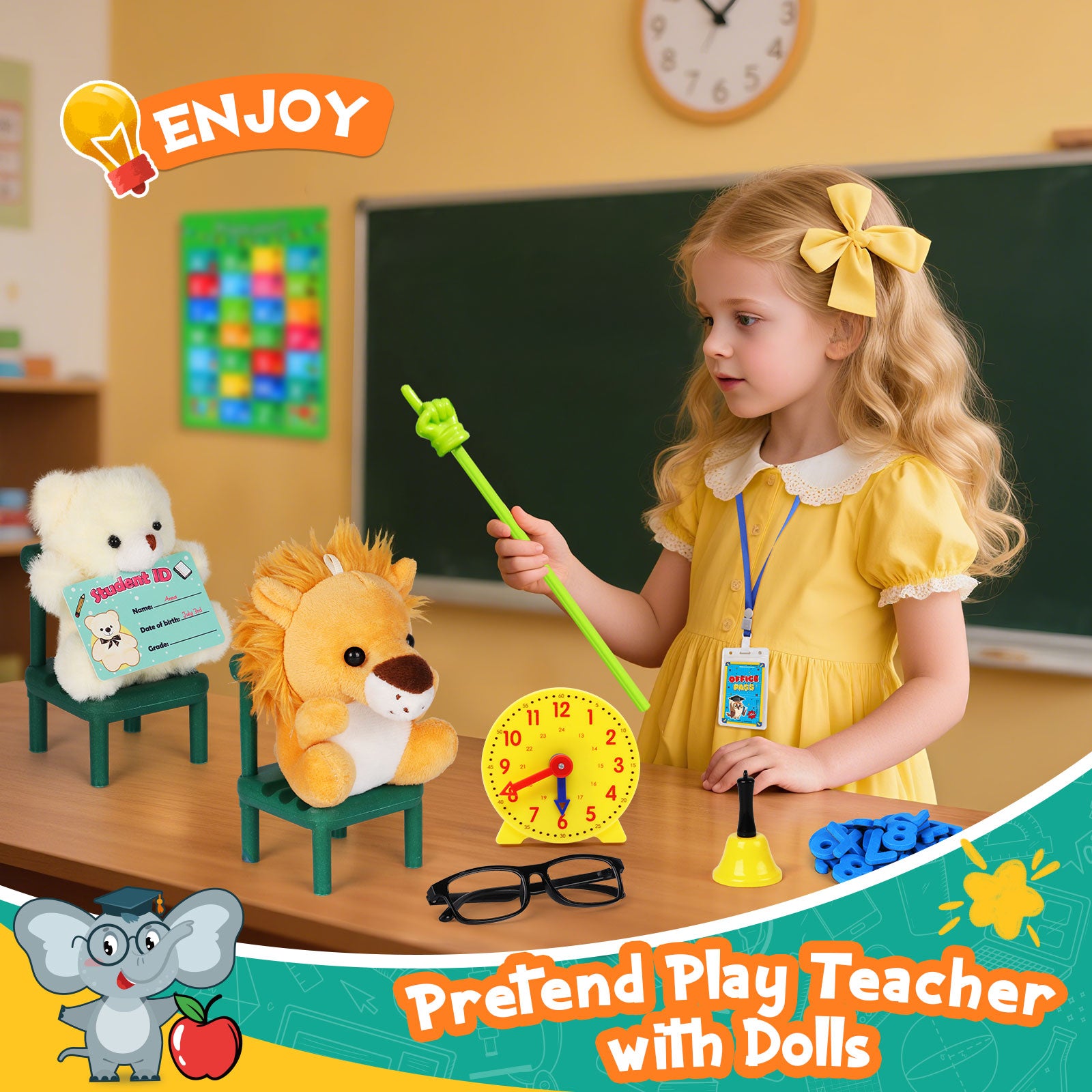 Alritz Pretend Play Teacher Set, School Stuff, Role Play Preschool Learning Activities Classroom Set for Girl Boys Include Dolls, Toy Laptop, Black Board, Birthday Gift Ages 5 6 7 8 9 10+ Years Old