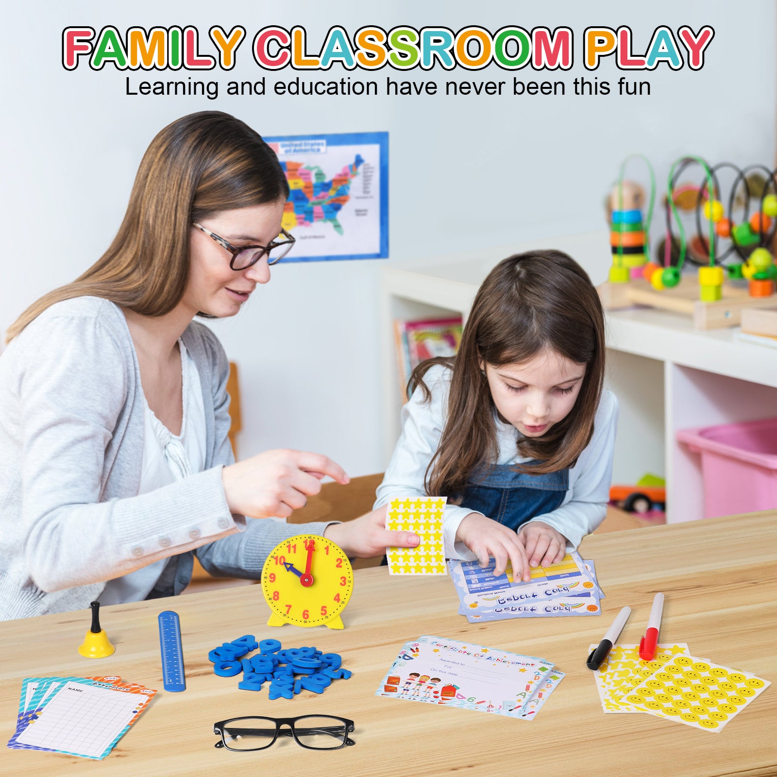 Alritz Pretend Play Teacher Set Classroom Learning Education Includes Reusable White Board Bell Clock and More, Be Teacher Student, for Boys Girls 5 6 7 8 9 10 11 12 +Years Old