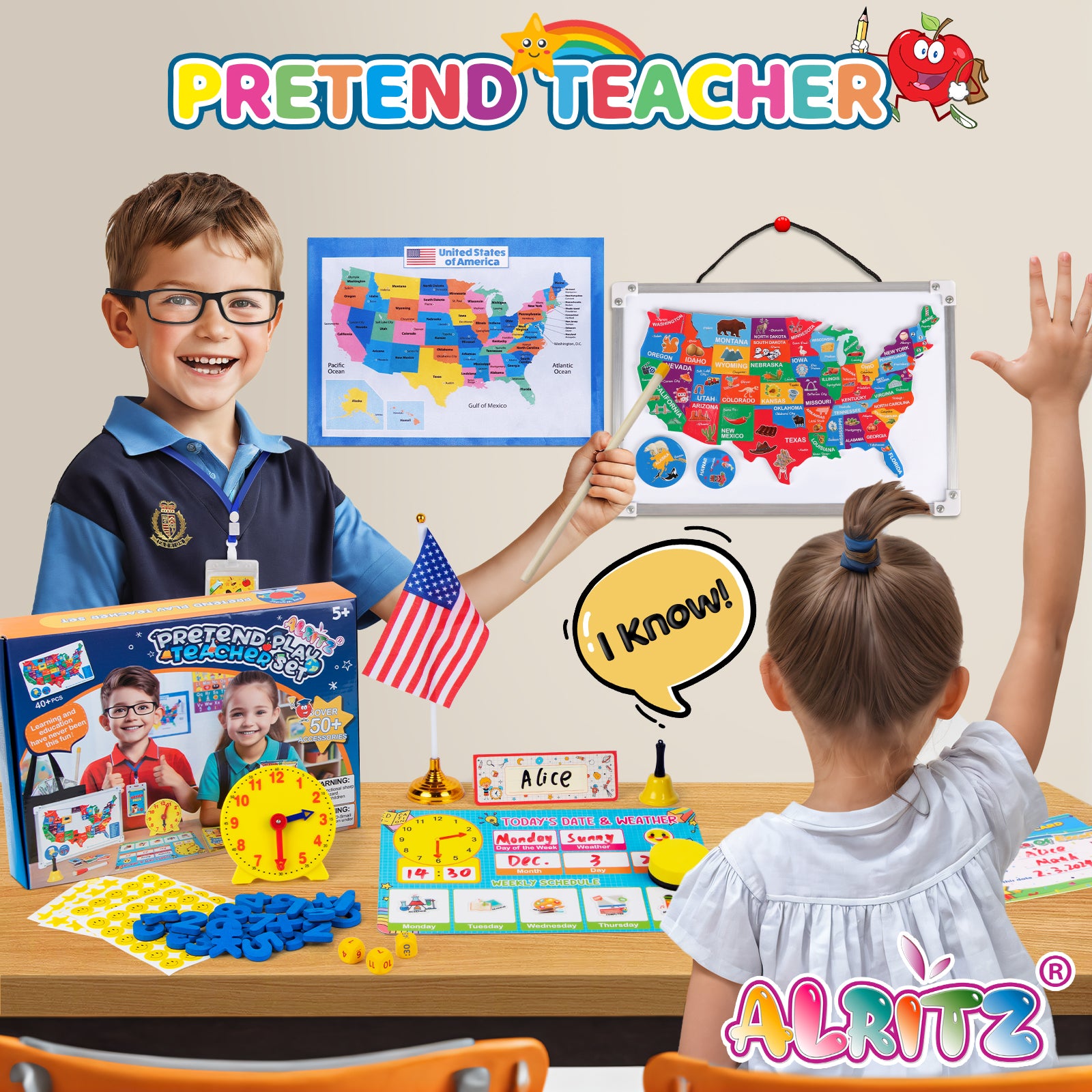 Alritz Pretend Teacher Playset, Role Pretend Play Kids School Toys Kit Include Map, Calendar, White Board Boys Girls Toys, Christmas Birthday Gift for Ages 5 6 7 8 9 10 11 12 13+