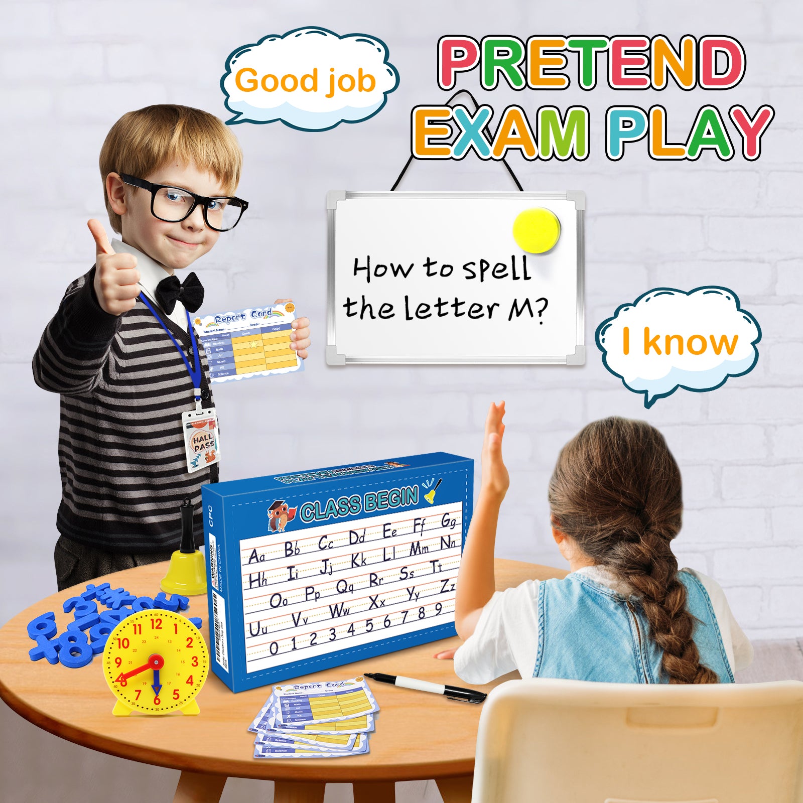 Alritz Pretend Play Teacher Set Classroom Learning Education Includes Reusable White Board Bell Clock and More, Be Teacher Student, for Boys Girls 5 6 7 8 9 10 11 12 +Years Old