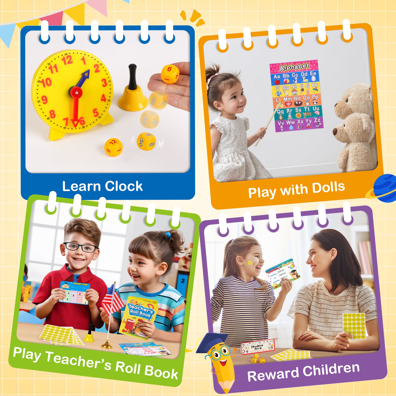 Alritz Pretend Teacher Playset, Role Pretend Play Kids School Toys Kit Include Map, Calendar, White Board Boys Girls Toys, Christmas Birthday Gift for Ages 5 6 7 8 9 10 11 12 13+