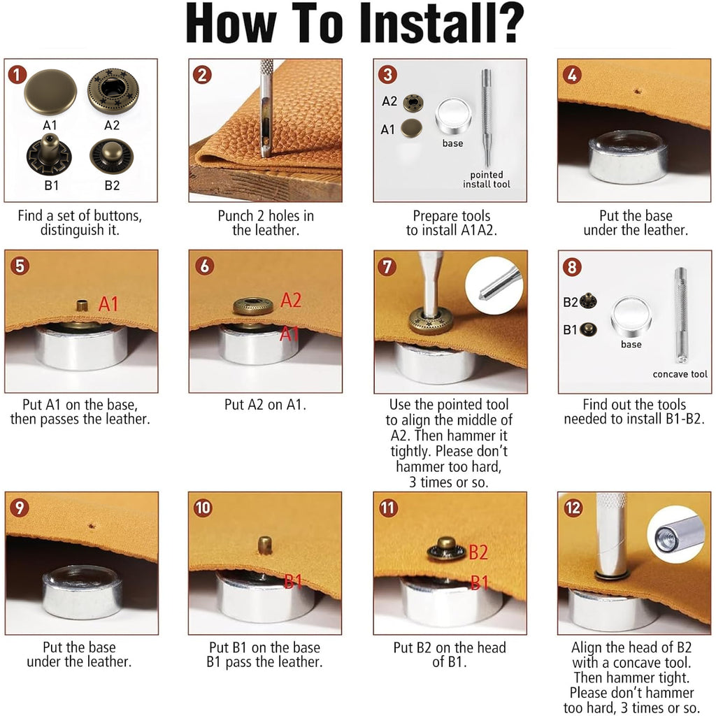 Alritz 15mm Leather Snap Fasteners Kit, 72 Set Metal Button Snaps Press Studs with 4 Setter Tools, 6 Colors Leather Snaps for Clothes, Jackets, Jeans Wears, Bracelets, Bags