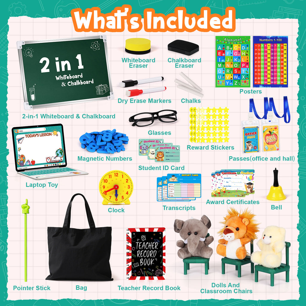 Alritz Pretend Play Teacher Set, School Stuff, Role Play Preschool Learning Activities Classroom Set for Girl Boys Include Dolls, Toy Laptop, Black Board, Birthday Gift Ages 5 6 7 8 9 10+ Years Old