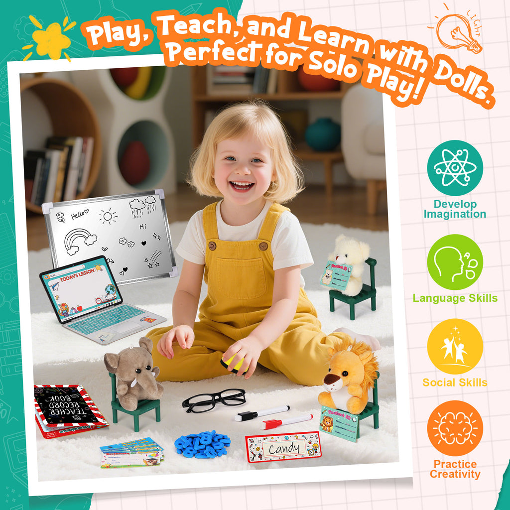 Alritz Pretend Play Teacher Set, School Stuff, Role Play Preschool Learning Activities Classroom Set for Girl Boys Include Dolls, Toy Laptop, Black Board, Birthday Gift Ages 5 6 7 8 9 10+ Years Old
