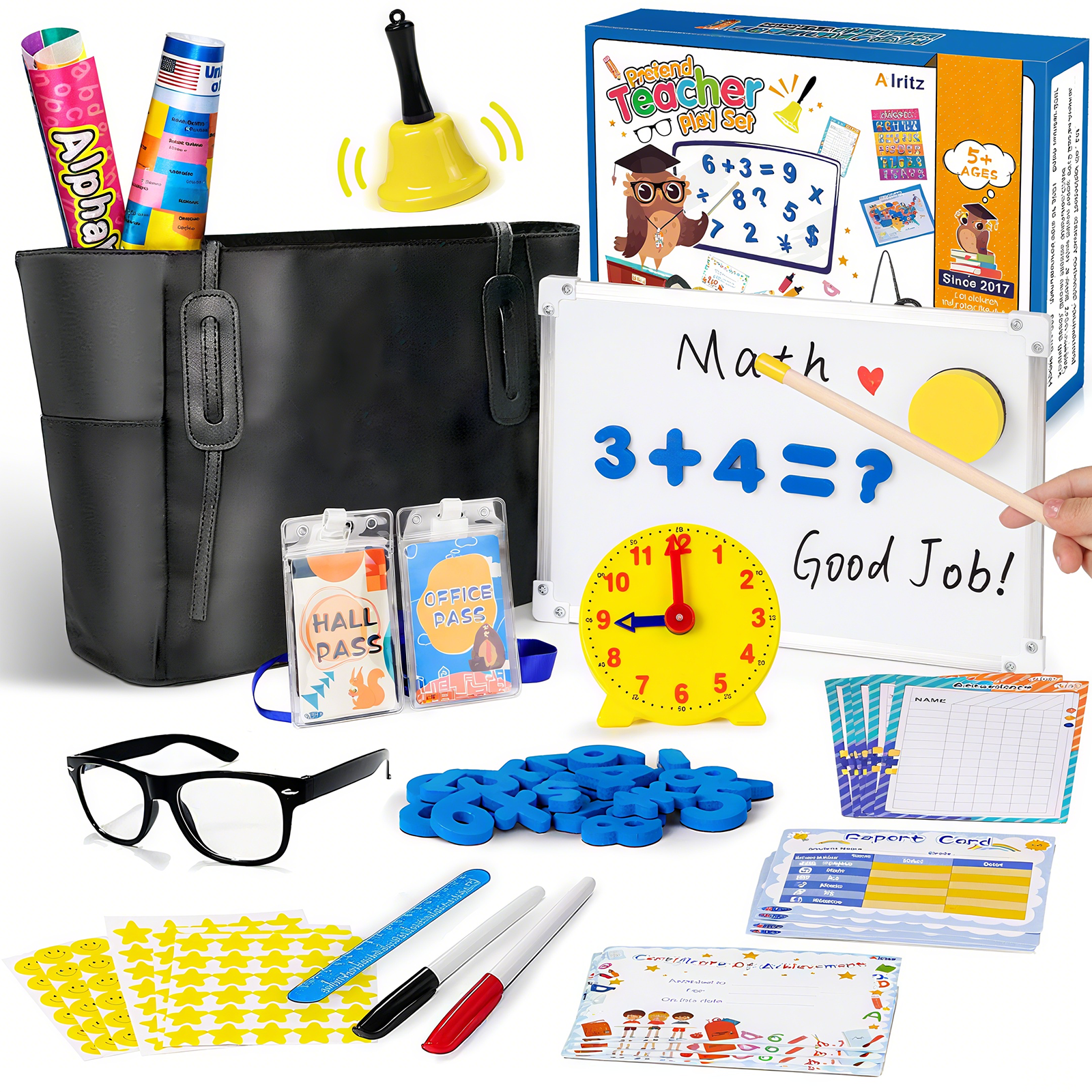 Alritz Pretend Play Teacher Set Classroom Learning Education Includes Reusable White Board Bell Clock and More, Be Teacher Student, for Boys Girls 5 6 7 8 9 10 11 12 +Years Old