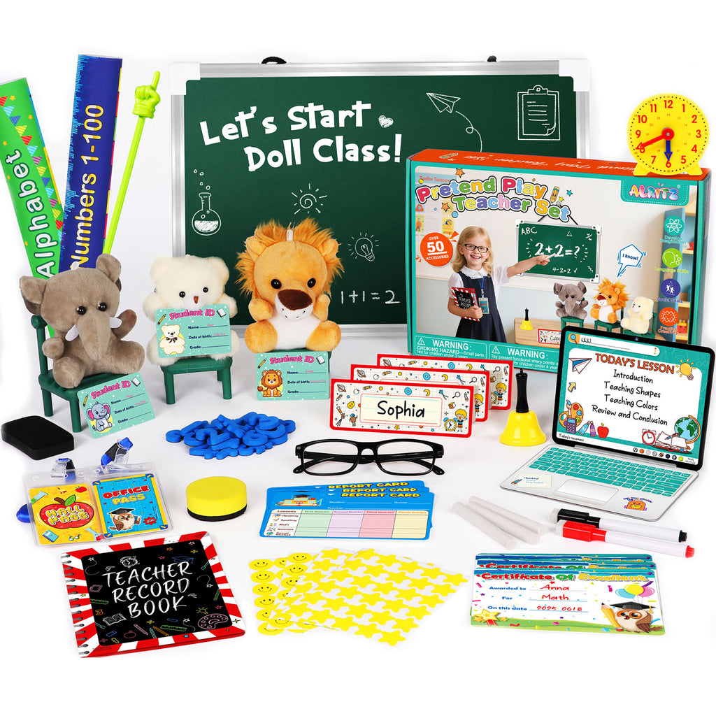 Alritz Pretend Play Teacher Set, School Stuff, Role Play Preschool Learning Activities Classroom Set for Girl Boys Include Dolls, Toy Laptop, Black Board, Birthday Gift Ages 5 6 7 8 9 10+ Years Old