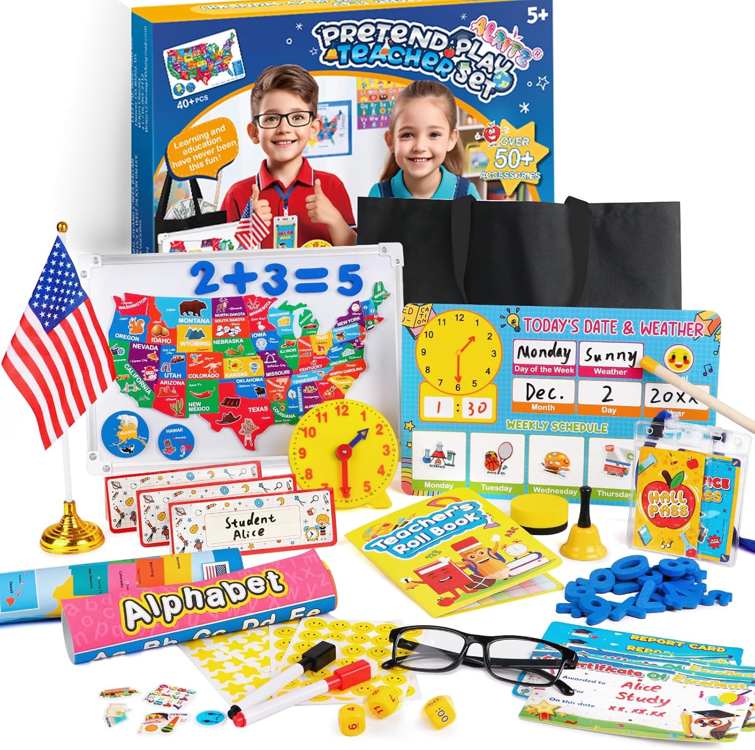 Alritz Pretend Teacher Playset, Role Pretend Play Kids School Toys Kit Include Map, Calendar, White Board Boys Girls Toys, Christmas Birthday Gift for Ages 5 6 7 8 9 10 11 12 13+