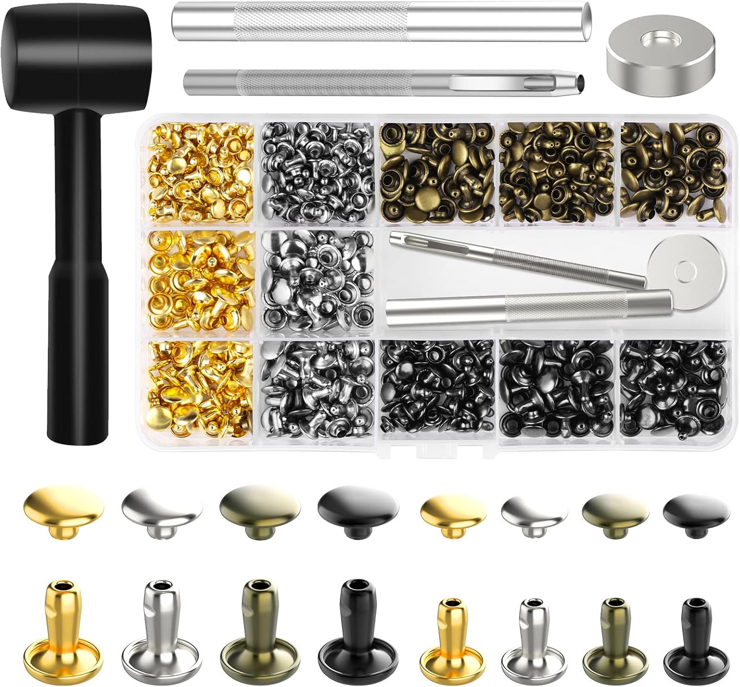 Alritz 240 Sets Leather Rivets, Double Cap Rivets Tubular 4 Colors 2 Sizes Metal Studs with Fixing Tools for DIY Leather Craft/Clothes/Shoes/Bags/Belts Repair Decoration