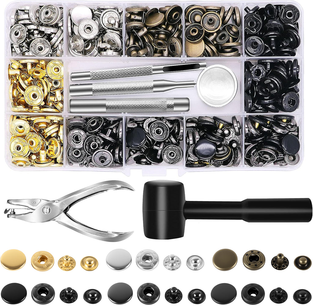 Alritz 120 Sets Leather Snap Fasteners Kit with Hammer Puncher, 12.5mm Metal Button Snaps Press Studs with 4 Setter Tools for Clothes, Jackets, Jeans Wears, Bracelets, Bags