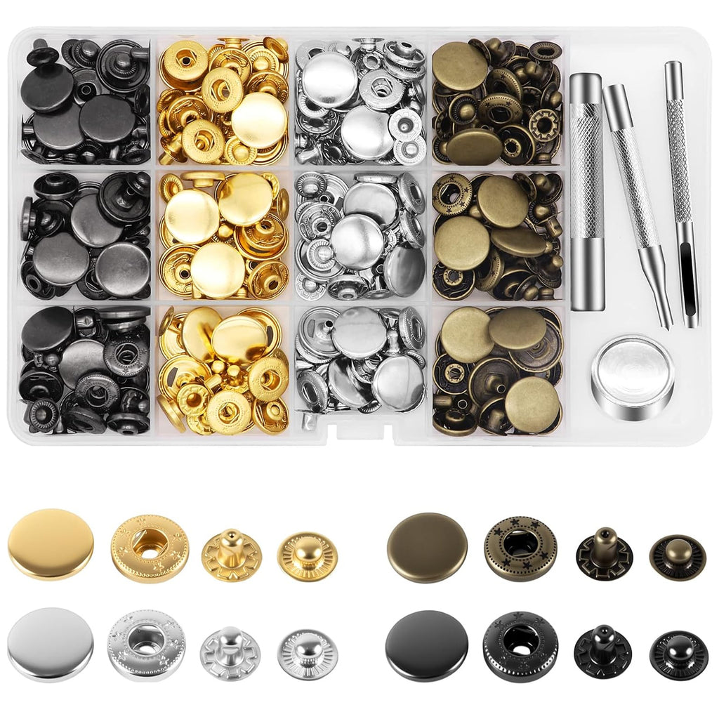 Alritz 17mm Leather Snap Fasteners Kit, 72 Set Metal Button Snaps Press Studs with 4 Setter Tools, 6 Colors Leather Snaps for Clothes, Jackets, Jeans Wears, Bracelets, Bags