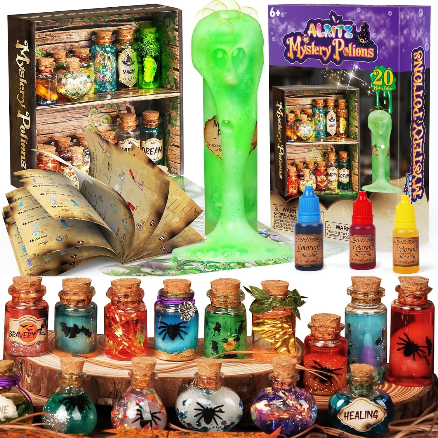 Alritz Mystery Potion Kits for Kids, 20 Magic Mix Witch Potion Bottles, Happy Decorations Ornaments Pumpkin Table Craft Toys Gift for Boys Girls Age 6 7 8 9 10 11+ Indoor Outdoor Halloween Party Decor