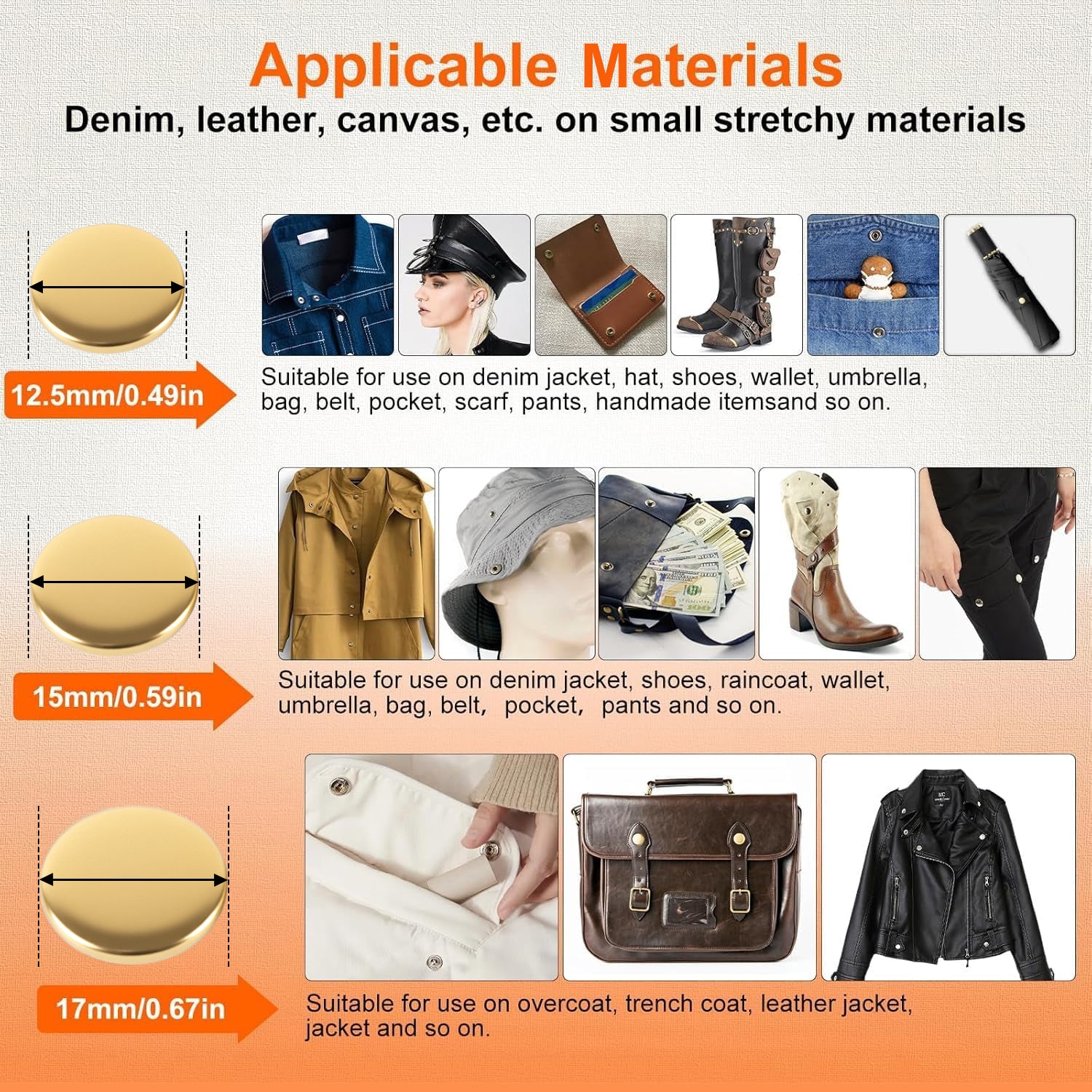 Alritz 120 Sets Leather Snap Fasteners Kit with Hammer Puncher, 12.5mm Metal Button Snaps Press Studs with 4 Setter Tools for Clothes, Jackets, Jeans Wears, Bracelets, Bags