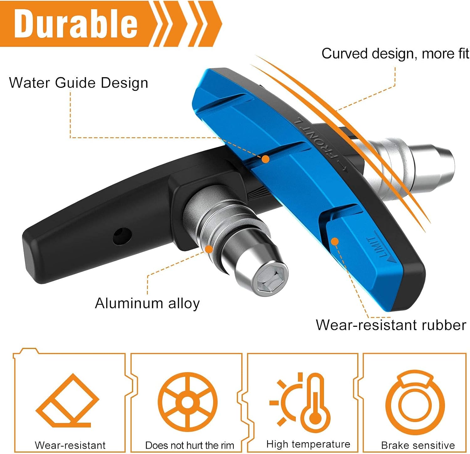 Alritz Bike Brake Pads Set, 4 Pairs Road Mountain Bicycle V-Brake Blocks Shoes with Hex Nut and Shims, No Noise No Skid, 70mm