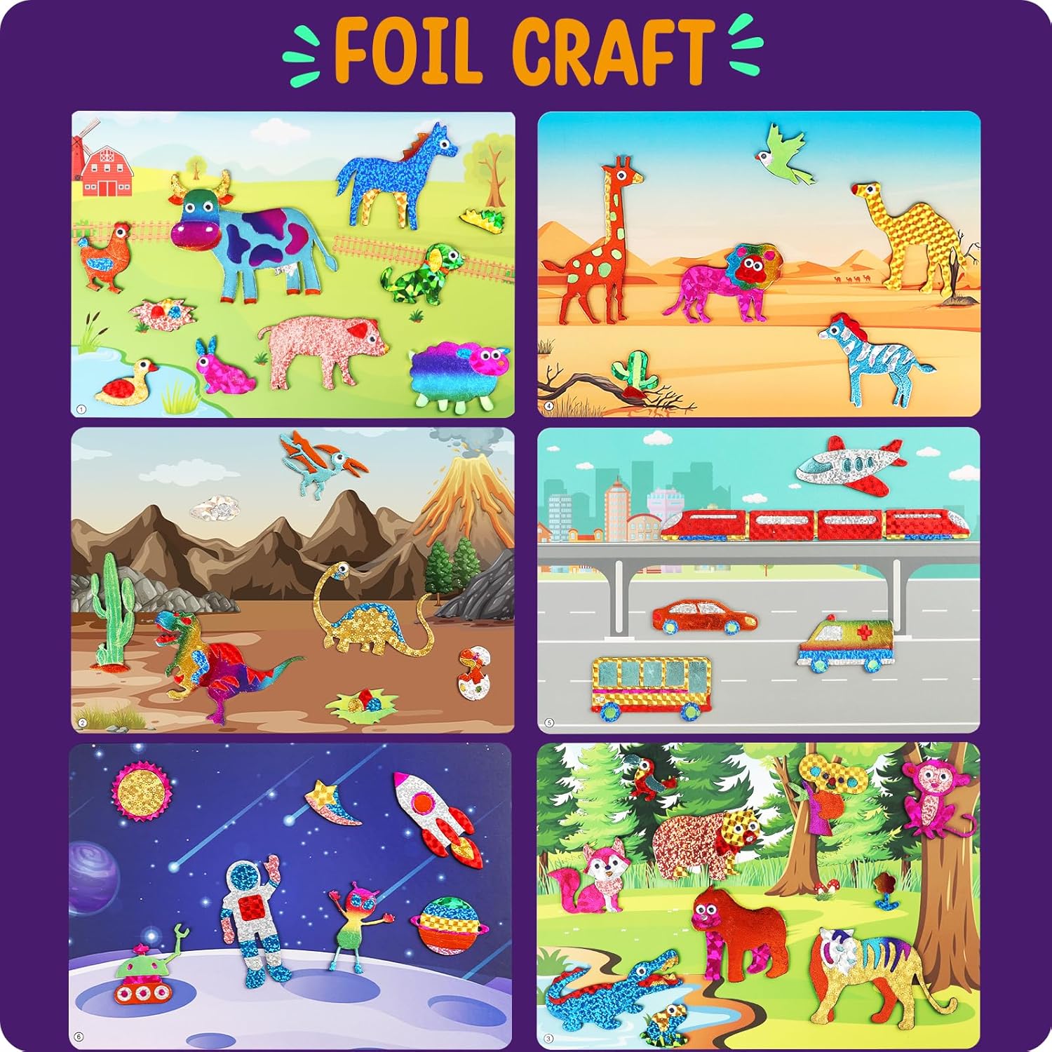 Alritz Arts and Crafts,Foil Crafts Fun Kit, Art Kit Toys for Kids Animals Space Cars, Foil Stickers Supplies,Travel Toys DIY Christmas Gifts for Girls Boys 4 5 6 7 8 9 10 11+ Years Old (6 Theme)