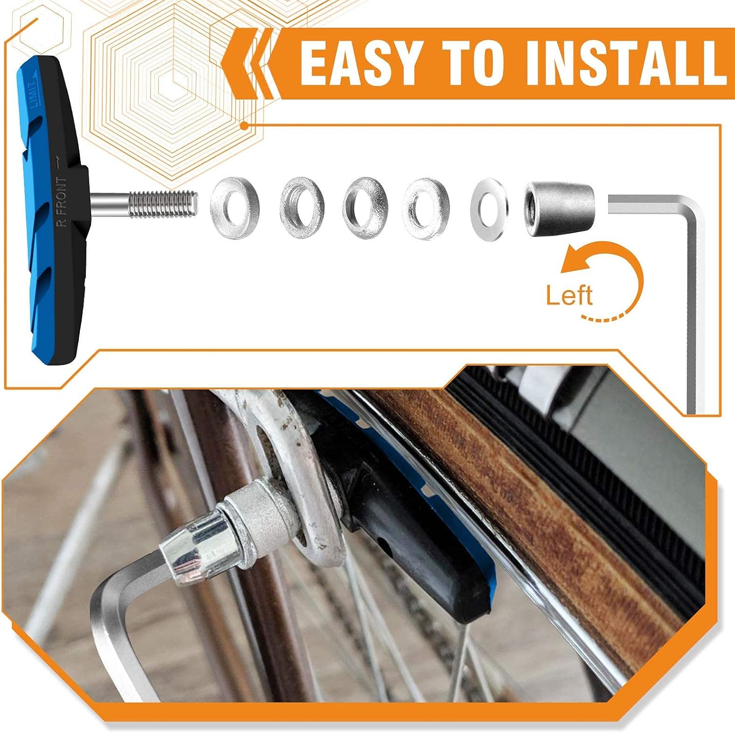 Alritz Bike Brake Pads Set, 4 Pairs Road Mountain Bicycle V-Brake Blocks Shoes with Hex Nut and Shims, No Noise No Skid, 70mm