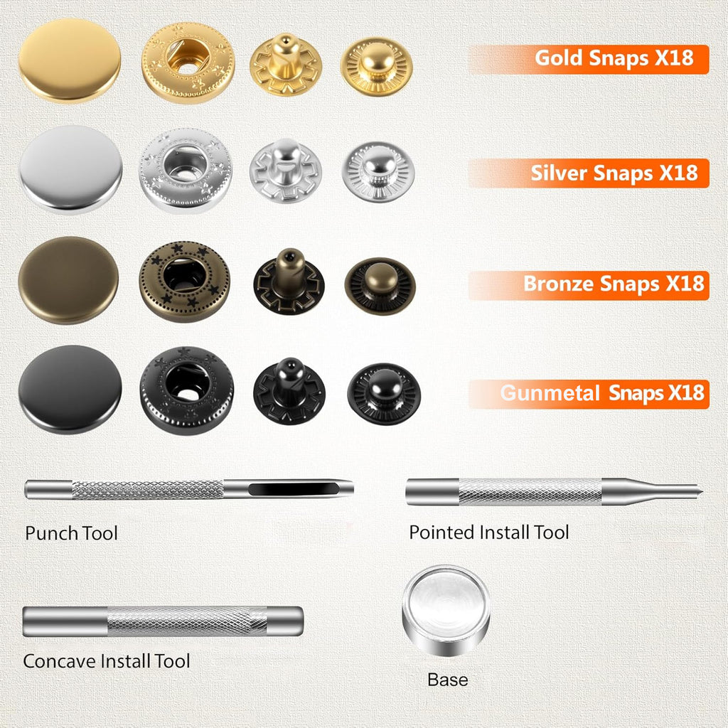Alritz 15mm Leather Snap Fasteners Kit, 72 Set Metal Button Snaps Press Studs with 4 Setter Tools, 6 Colors Leather Snaps for Clothes, Jackets, Jeans Wears, Bracelets, Bags