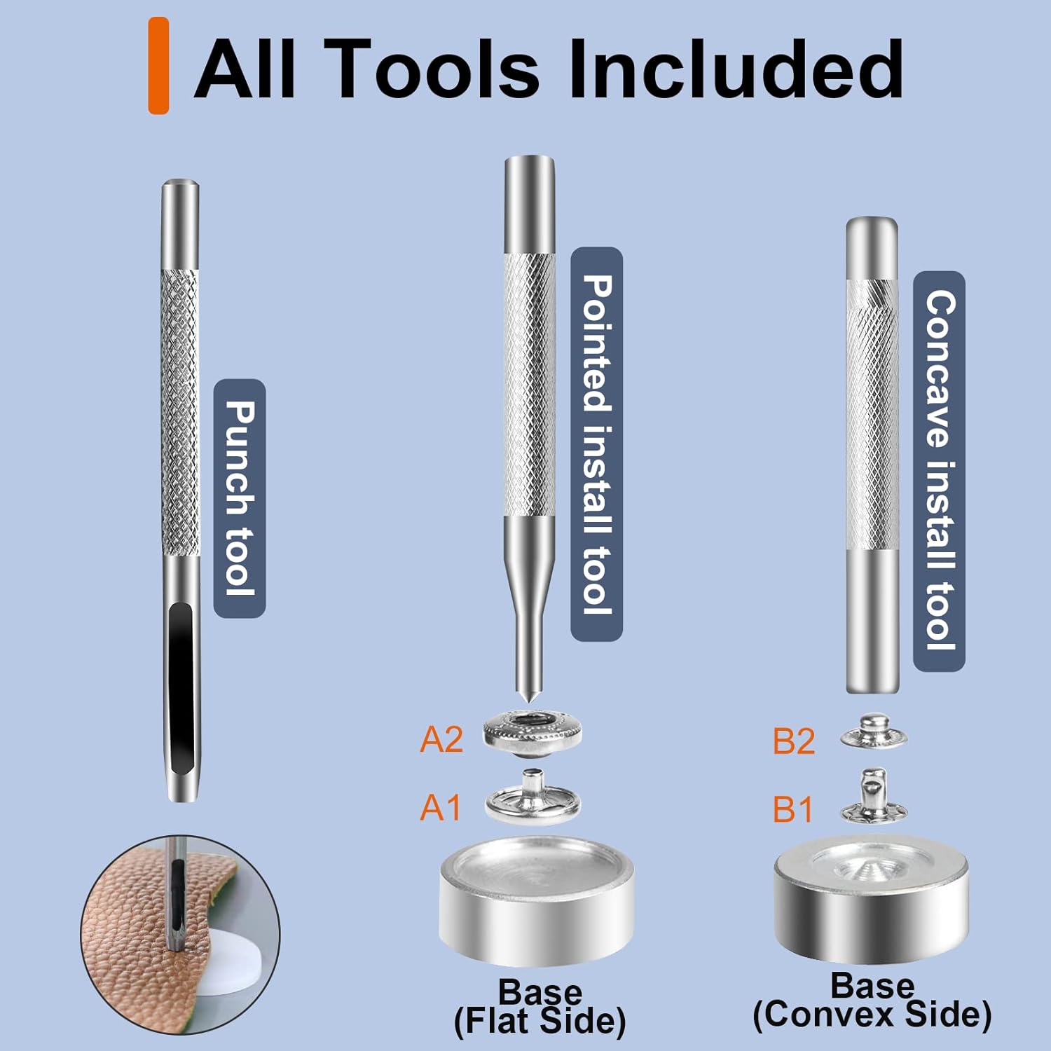 Alritz 15mm Leather Snap Button Kits with Hammer Punch Spacer, 90 Sets Metal Snaps Press Studs with 4 Setter Tools for Thin Clothes, Jackets, Jeans Wears, Bracelets, Bags