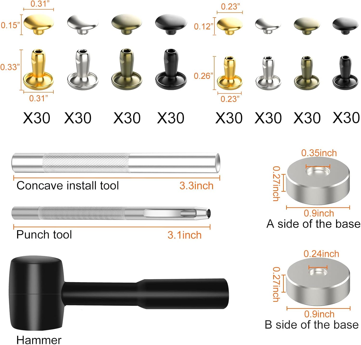 Alritz 240 Sets Leather Rivets, Double Cap Rivets Tubular 4 Colors 2 Sizes Metal Studs with Fixing Tools for DIY Leather Craft/Clothes/Shoes/Bags/Belts Repair Decoration