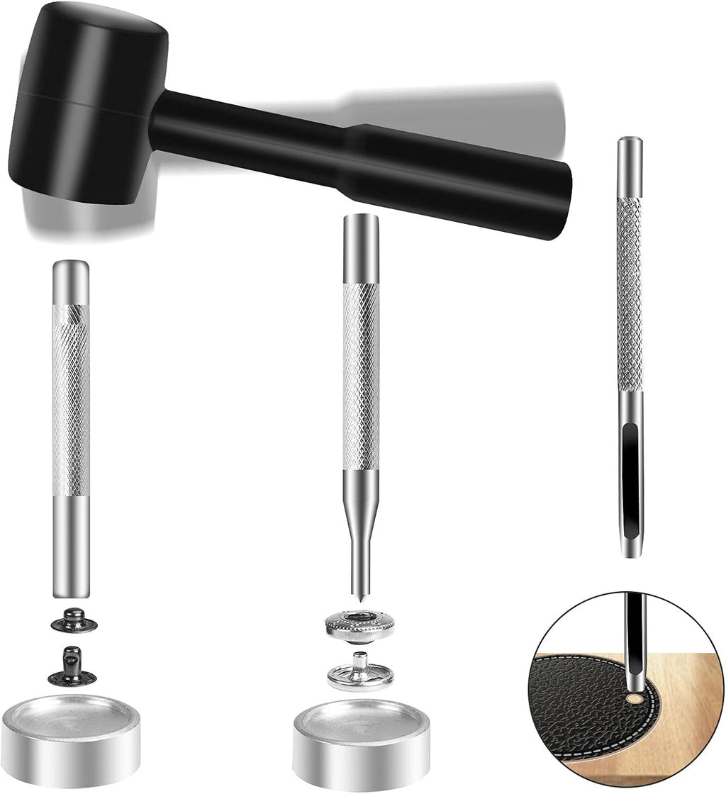 Alritz 120 Sets Leather Snap Fasteners Kit with Hammer Puncher, 12.5mm Metal Button Snaps Press Studs with 4 Setter Tools for Clothes, Jackets, Jeans Wears, Bracelets, Bags