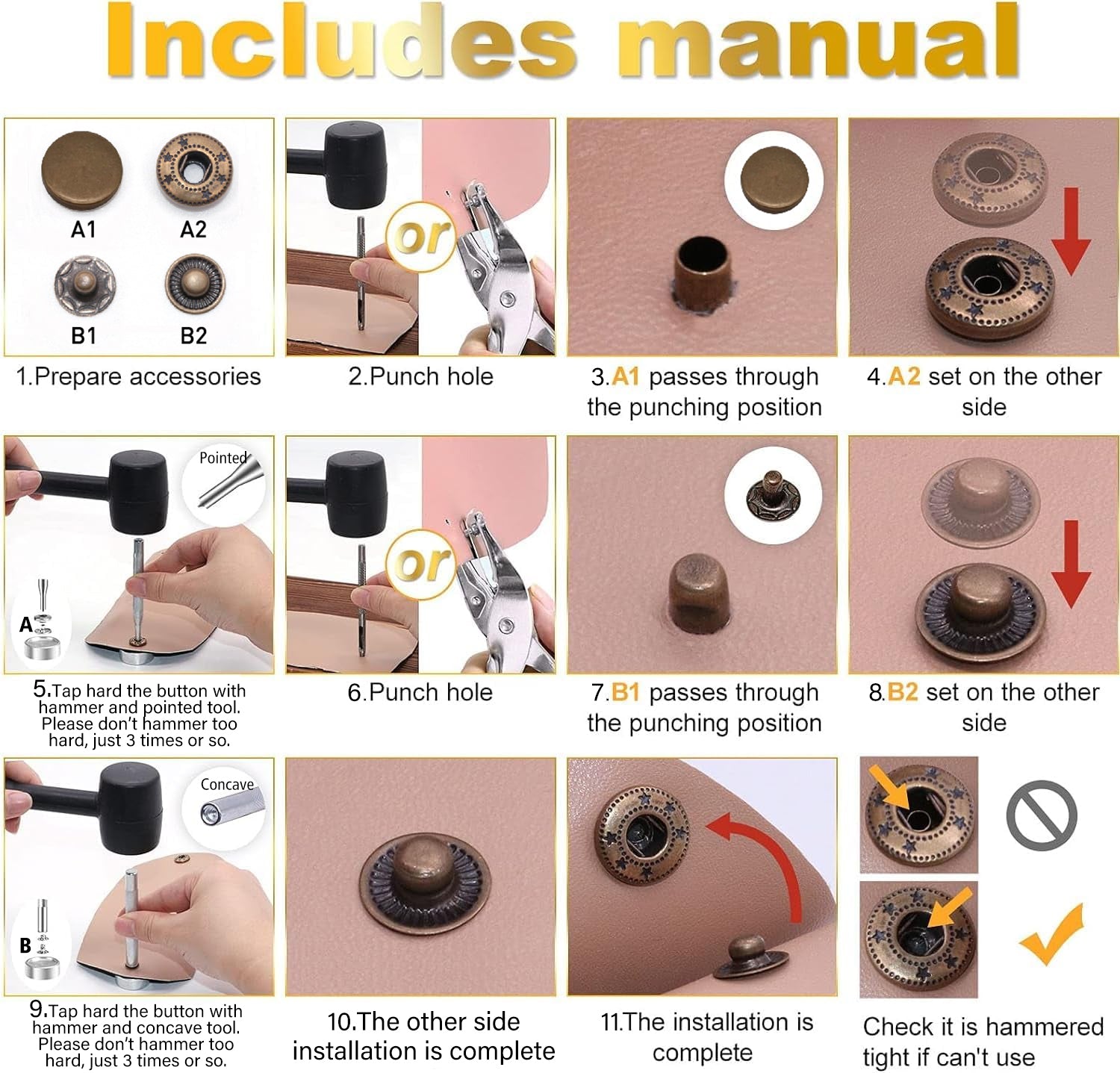 Alritz 120 Sets Leather Snap Fasteners Kit with Hammer Puncher, 12.5mm Metal Button Snaps Press Studs with 4 Setter Tools for Clothes, Jackets, Jeans Wears, Bracelets, Bags