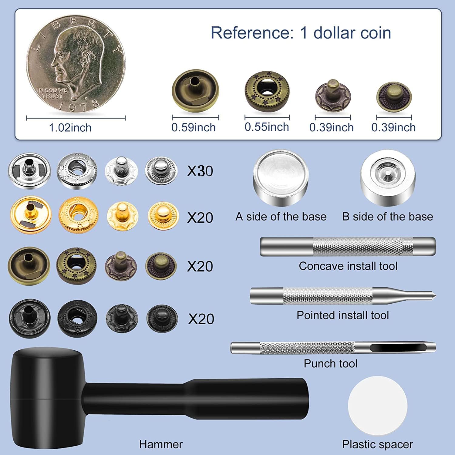 Alritz 15mm Leather Snap Button Kits with Hammer Punch Spacer, 90 Sets Metal Snaps Press Studs with 4 Setter Tools for Thin Clothes, Jackets, Jeans Wears, Bracelets, Bags