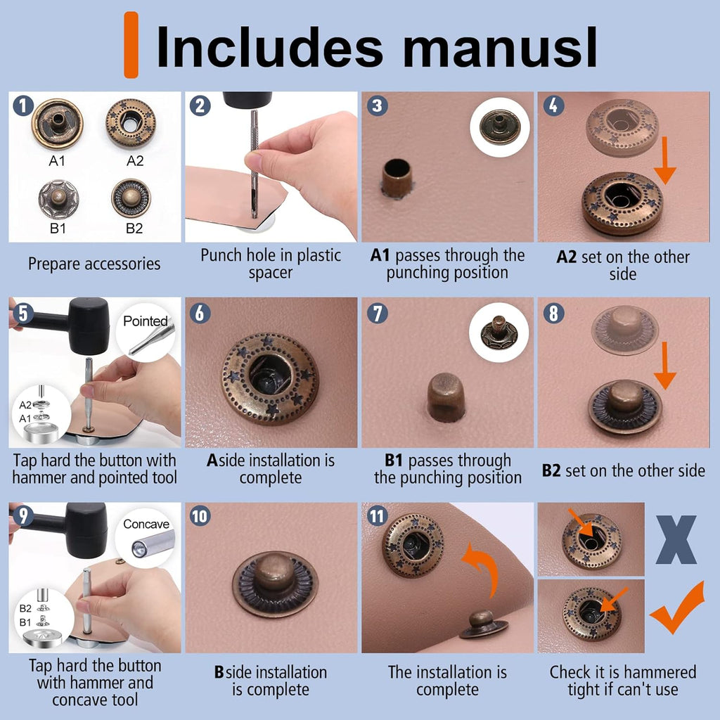 Alritz 15mm Leather Snap Button Kits with Hammer Punch Spacer, 90 Sets Metal Snaps Press Studs with 4 Setter Tools for Thin Clothes, Jackets, Jeans Wears, Bracelets, Bags